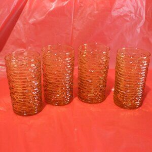 Vintage amber glass tumblers, Anchor Hocking Soreno pattern, 1970s - 4 inches